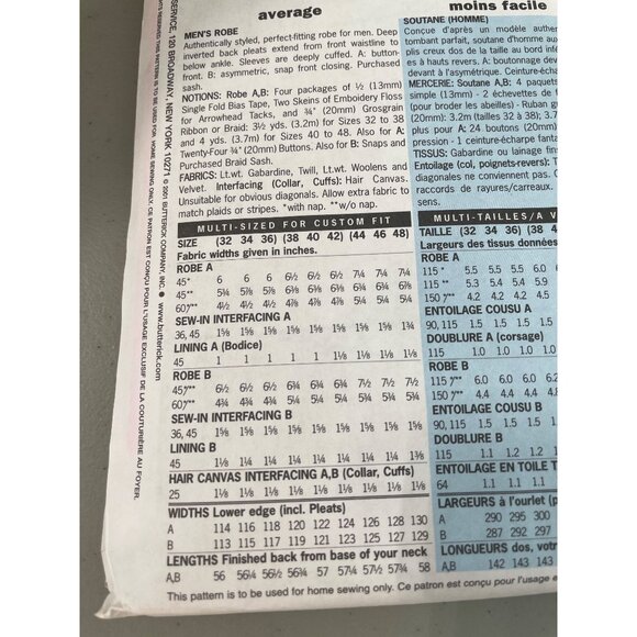 Butterick 6844 Preist Alb Cassock Sewing Pattern Size 44-48 Fabric Long Robe NEW - Picture 5 of 6